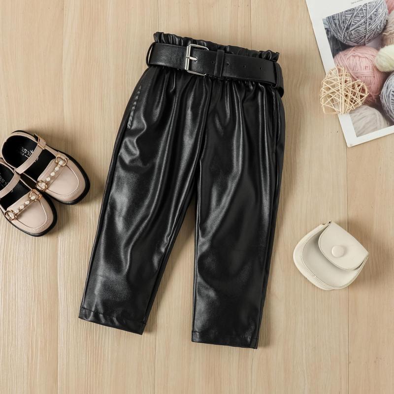 Baoxi foreign trade young and little girls Spring and Autumn New Western style dot bubble net yarn sleeve top fashionable PU leather blouse and pants