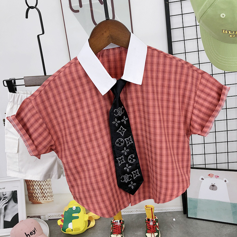 Boys' tie shirt children's short-sleeved shirt casual Korean baby loose Western style children's plaid tup cardigan
