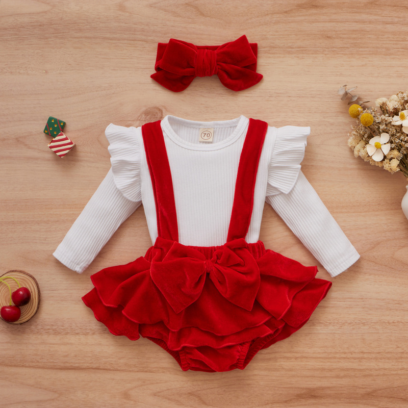Baoxi clothing European and American style baby girls strap dress with red bow three-piece suit in stock