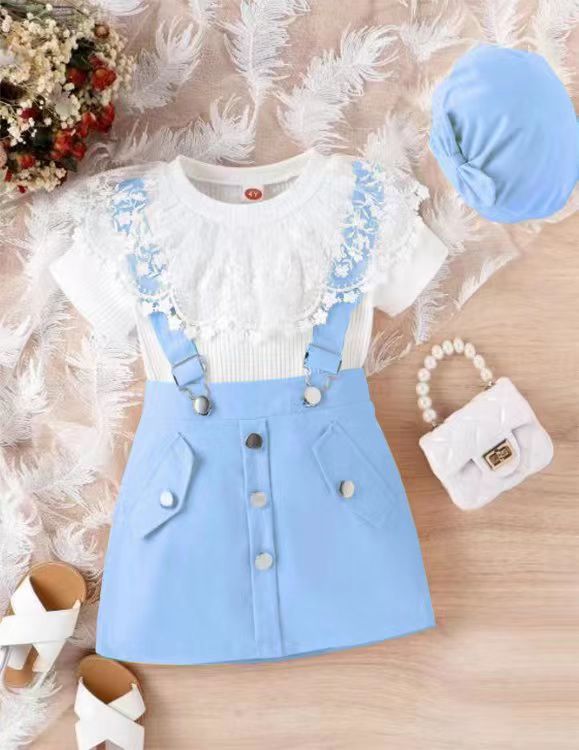 Amazon British fashion classic style girls' summer new lace rib fabric top suspender skirt outfit