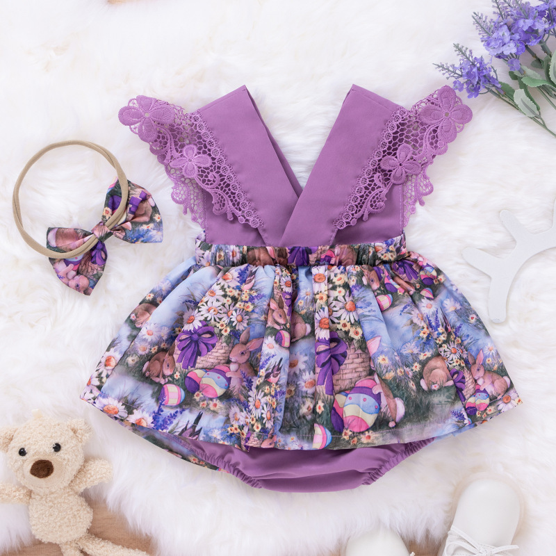 Baoxi children's clothing European and American style baby girl purple rabbit printed lace flounced sleeve baby Bloomer with skirt swing rompers jumpsuit