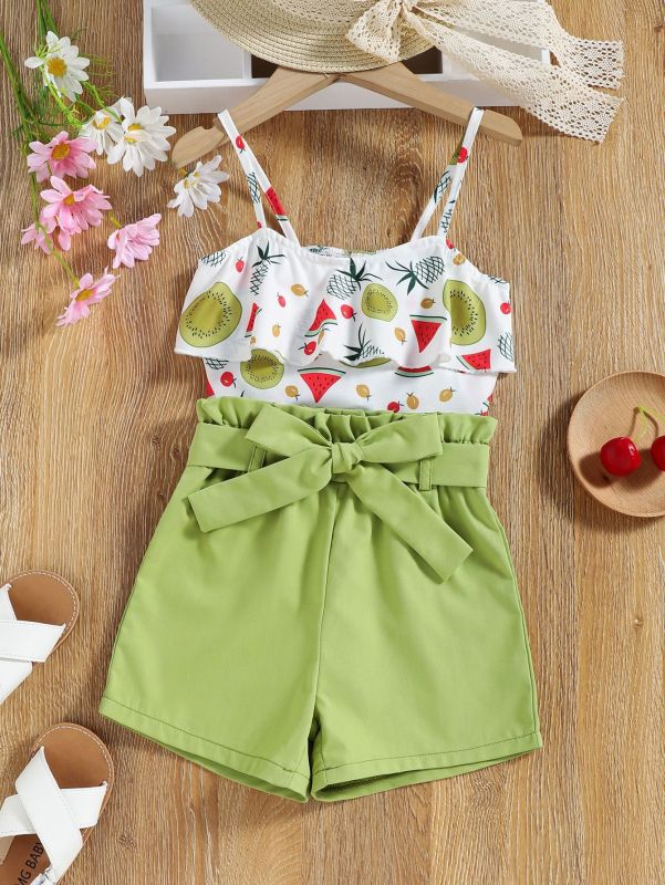 Baby children's clothing children spring and summer sweet spaghetti-strap fruit printed coat Green shorts girls' suit in stock