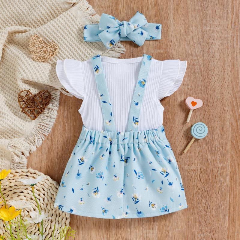 Baby cross-border children's clothing spring and summer Korean style baby girl sisters outfit sunken stripe cotton short sleeve flower suspender skirt infant suit