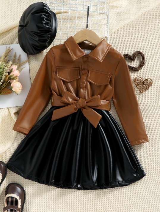 Baoxi children's clothing autumn and winter European and American style children lapel bow PU leather shirt pleated skirt girls' suit