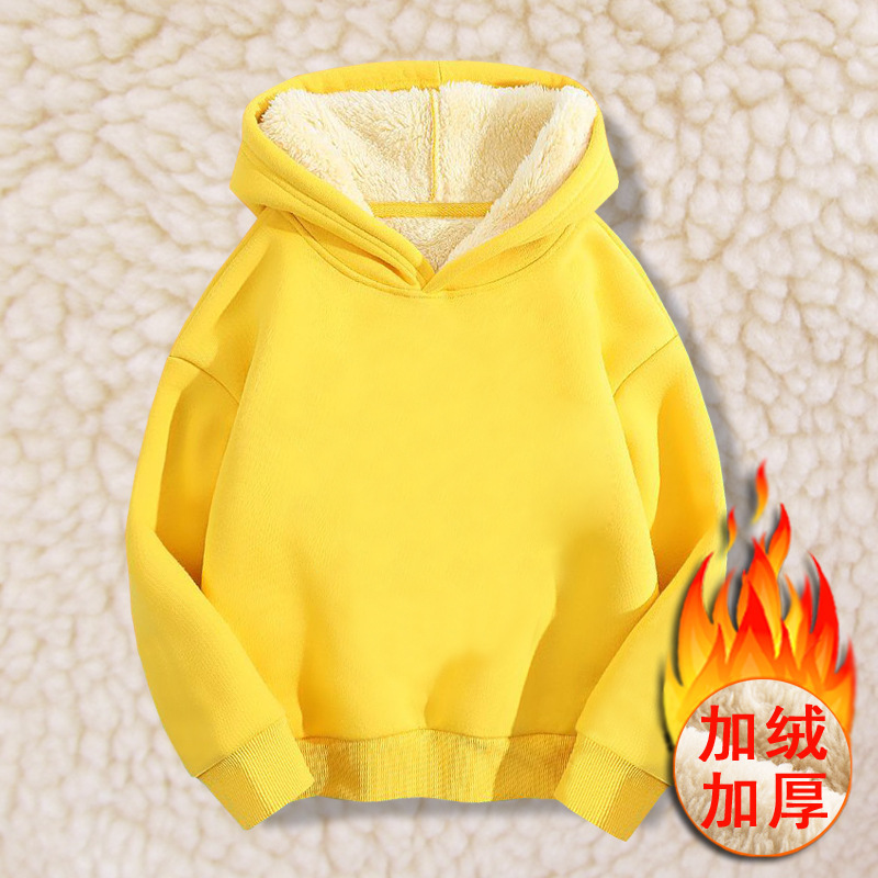 Children's clothing wholesale lambswool hooded sweater for boys and girls thickened keep warm pure color casual pullover one piece dropshipping