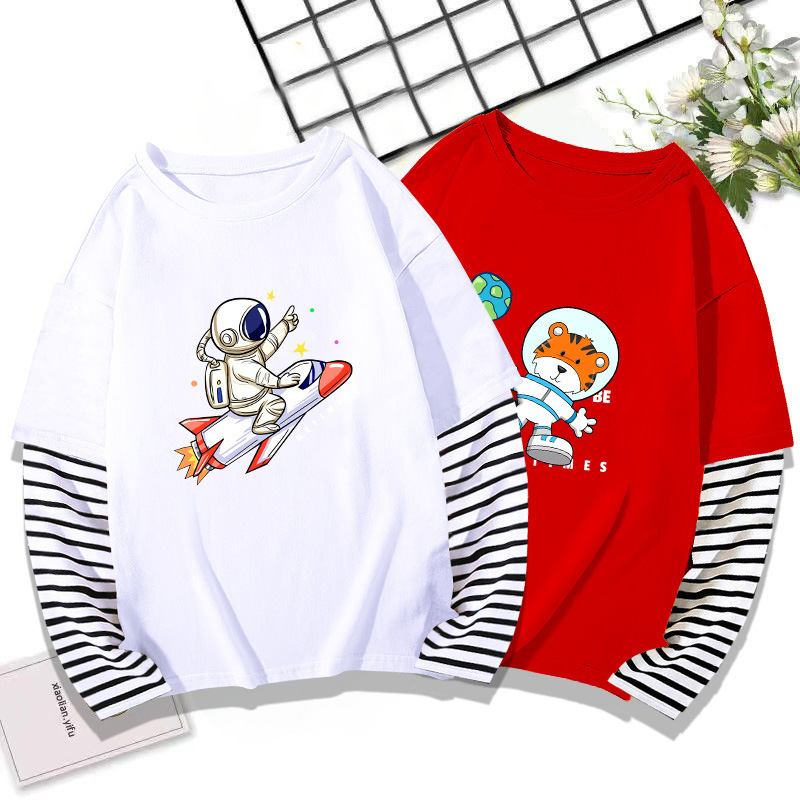 Children's patchwork sleeve cartoon Top Autumn new boys and girls fashion loose bottoming shirt cross-border supply wholesale