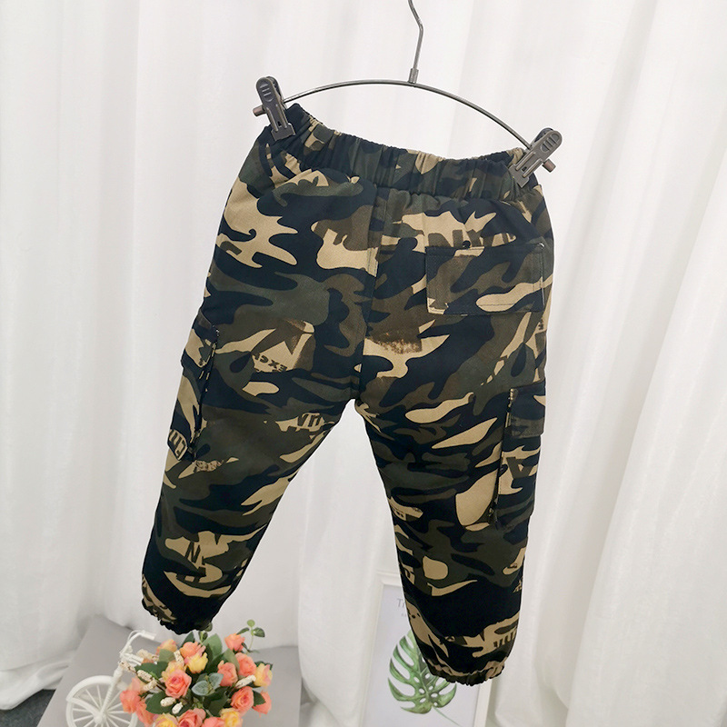 Boys' camouflage pants autumn and winter New down cotton children's trousers medium and large children's clothing fashionable fleece-lined casual pants