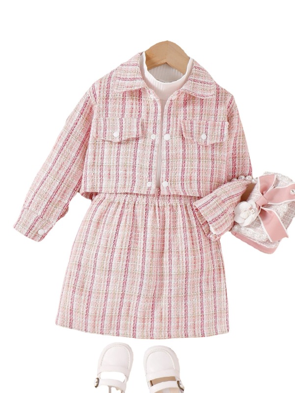 Baby children's clothing autumn and winter sweet Chanel style plaid coat turtleneck top plaid skirt girl set three-piece set