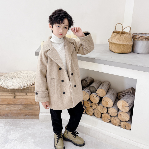 Boys' woolen coat spring and autumn thickening middle and big children's fashionable windbreaker children's clothing children's woolen coat winter