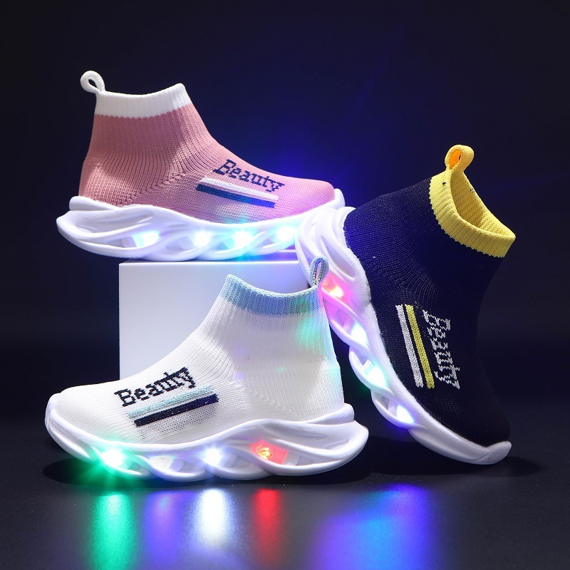 Autumn New sock shoes boys and girls shoes with LED light light up shoes letters fly-knit sneakers slip-on 1-6 years old
