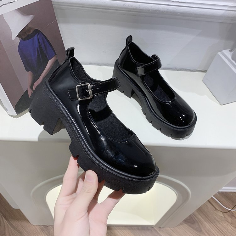 Small leather shoes for women Spring New British college style bright leather high heel pumps round head thick bottom Mary Jane shoes women