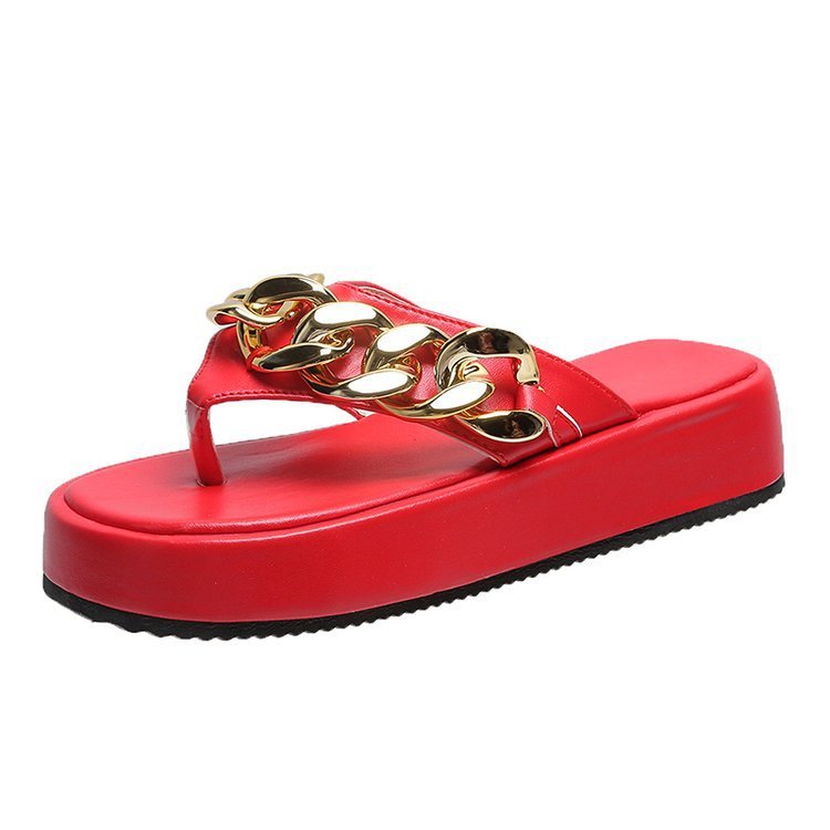 Cross-border new arrival plus size summer Amazon fashion platform round toe flip-flops chain sandals for women