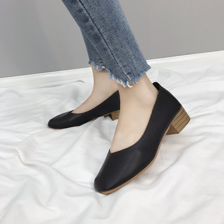Low cut new granny shoes Korean style soft leather shoes women's square toe chunky heel Korean style mid heel retro women's shoes