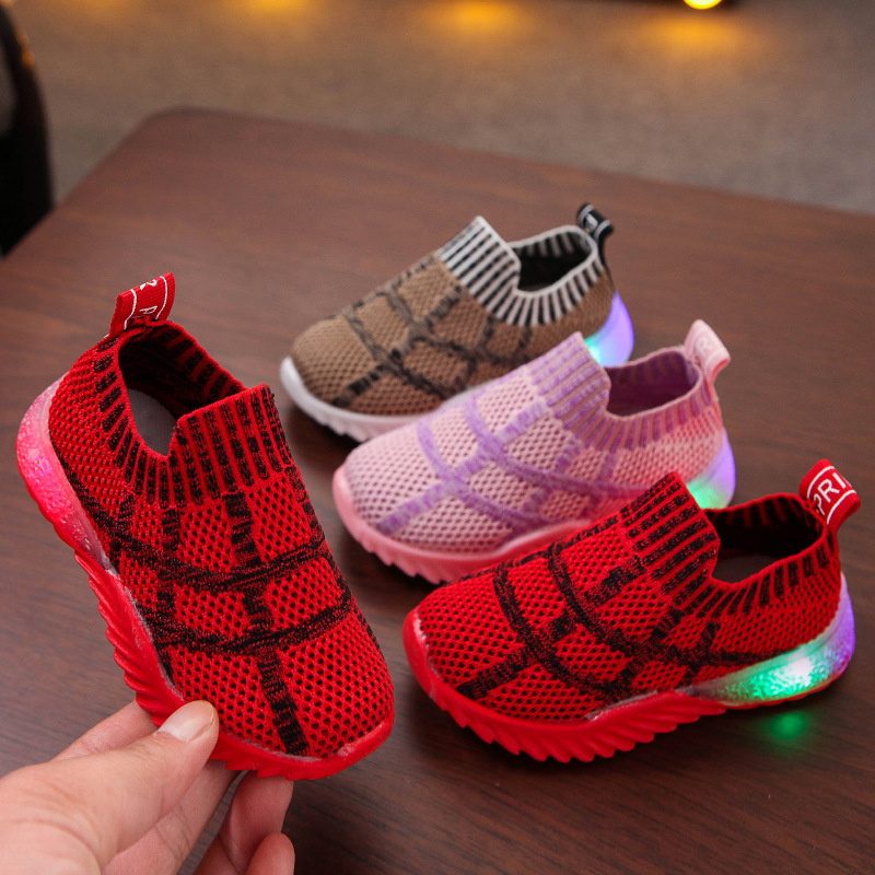 Autumn new spider web boys and girls shoes light shoes flying woven light up shoes slip-on light shoes LED light