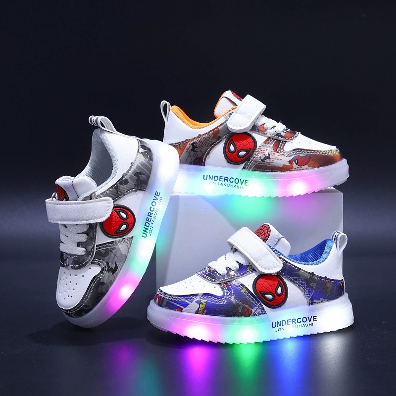 Spider-man light-on shoes Spring and Autumn New Leather Luminous baby boy sneakers small and medium boys tide