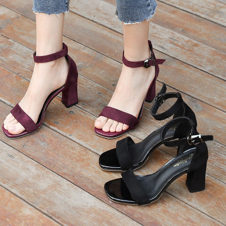Women's sandals female summer new chunky heel black open toe buckle Roman high heels for students