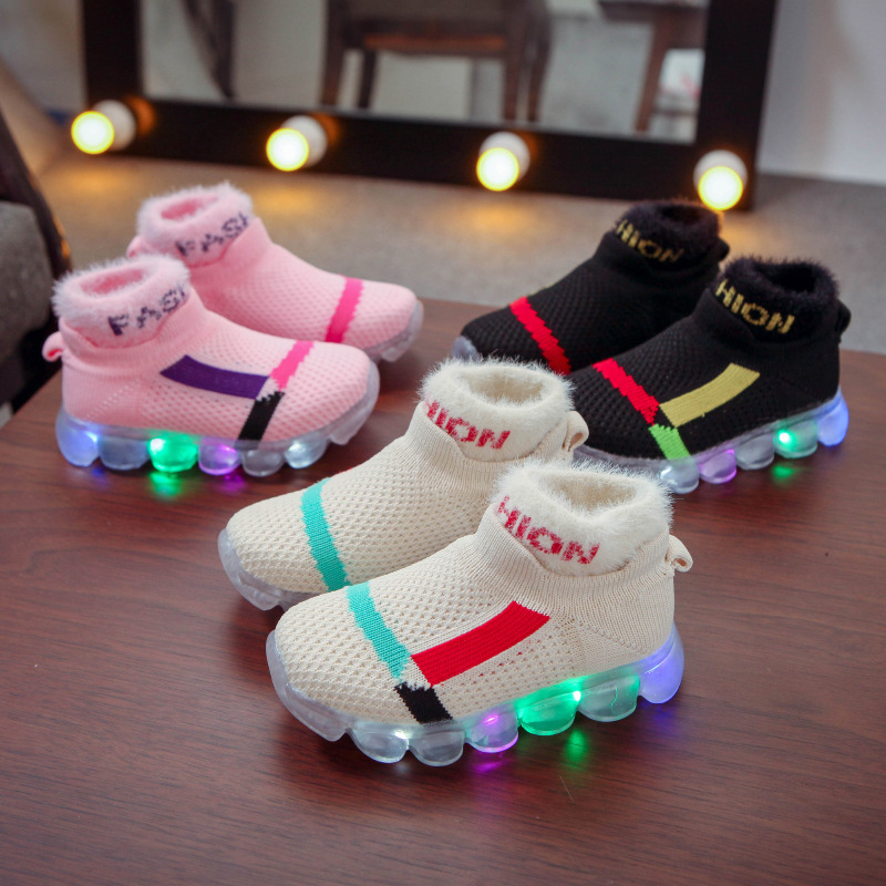 Popular cotton shoes with LED light boys and girls shoes light up shoes fly-knit sneakers slip-on shoes sock shoes
