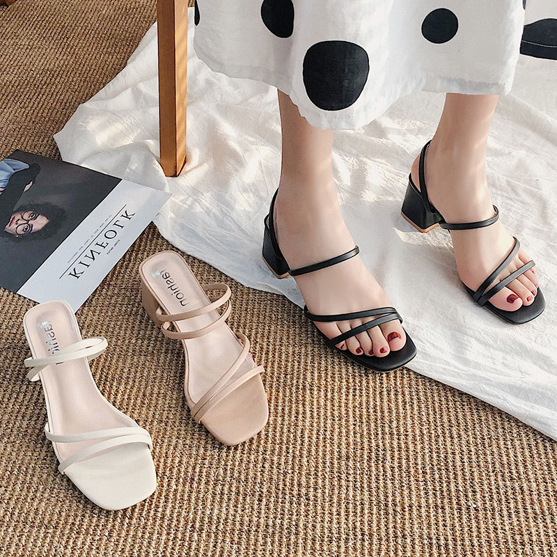 Thin black band sandals fairy style new mid heel slippers women's outer wear chunky heel ankle-strap women's shoes