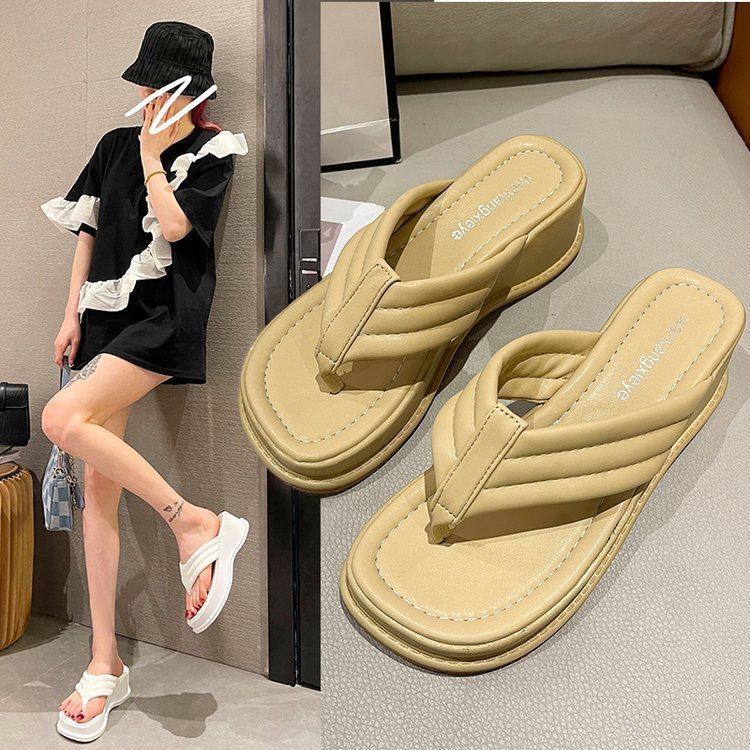 Flip-Flops women's summer outdoor wear new platform wedge toe clip square toe sandals French style sandals