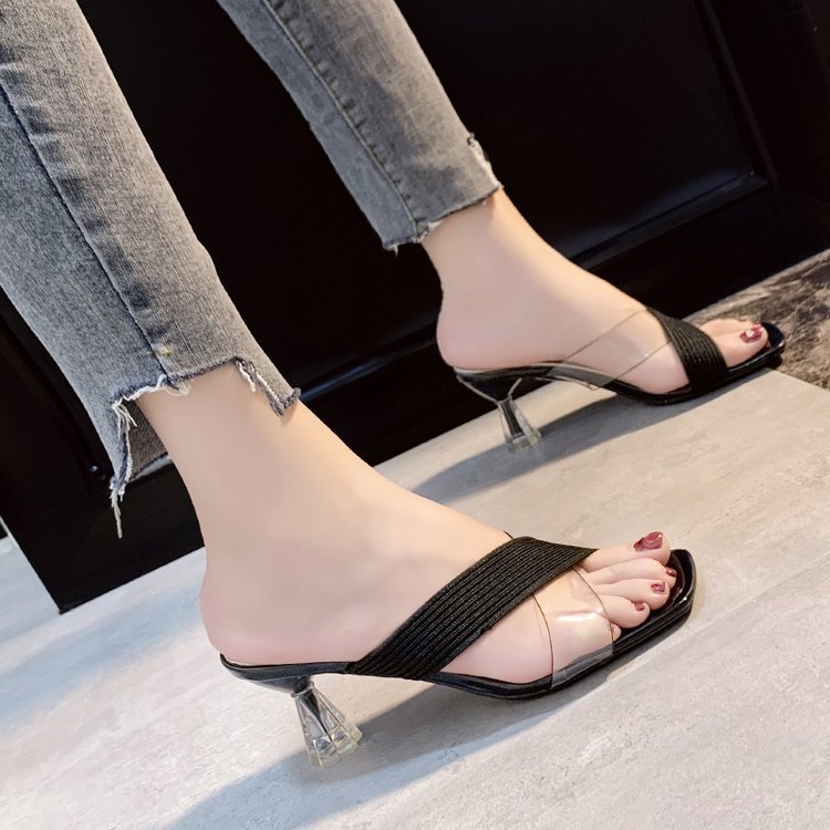 Transparent high heel women's sandals and slippers summer new stiletto square toe open toe Roman style sandals women's fashion factory wholesale
