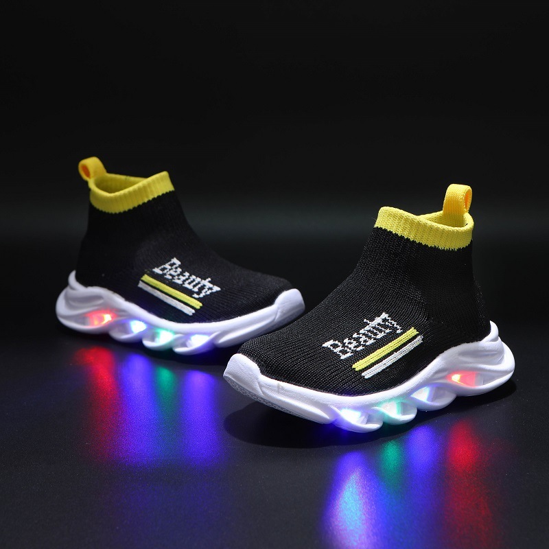 Autumn New sock shoes boys and girls shoes with LED light light up shoes letters fly-knit sneakers slip-on 1-6 years old