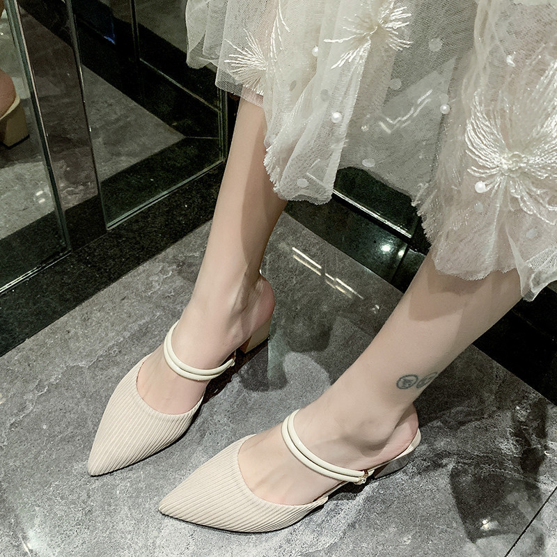 Pointed Toe Toe cap mid heel chunky heel sandals semi-slipper sandals female summer new table cloth outer wear