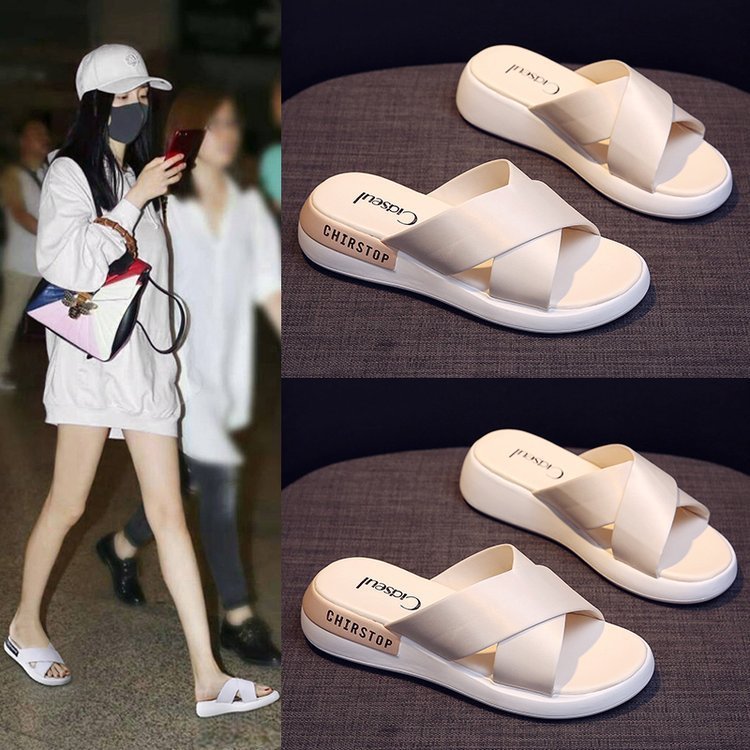 Women's sandals new summer Korean style fashionable cross strap thick bottom ins fashionable student wedge sandals