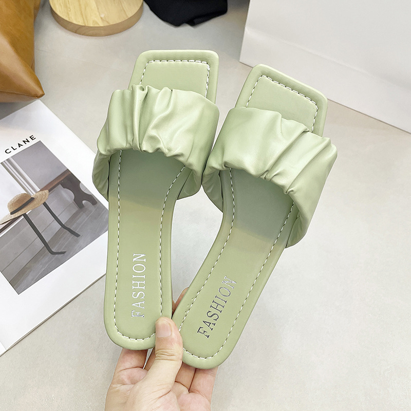 Flat-heeled slippers women's new summer Korean style fashionable pleated sandals square toe fairy style slippers