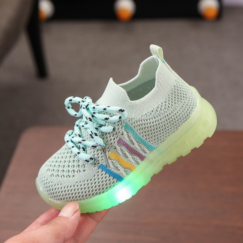 Spring and Autumn new children's light shoes with led lights boys and girls shoes flying woven led horse running light luminous flashing light coconut shoes