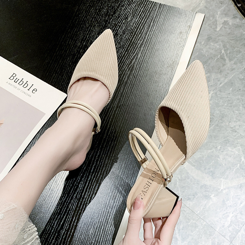 Pointed Toe Toe cap mid heel chunky heel sandals semi-slipper sandals female summer new table cloth outer wear