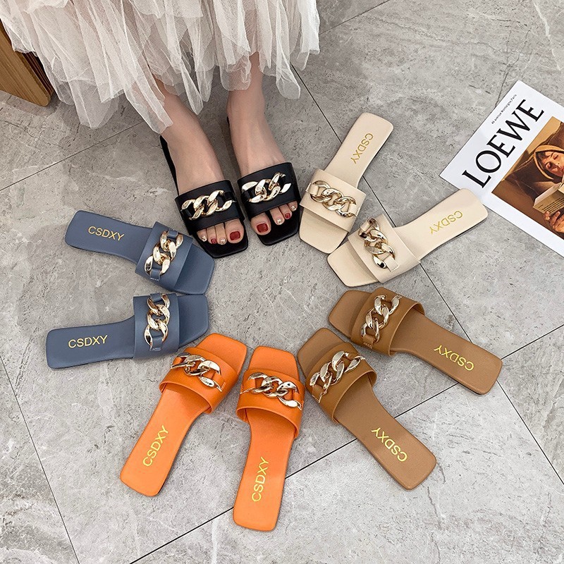Internet hot fresh casual flat slippers women's metal summer new fashion outdoor slippers