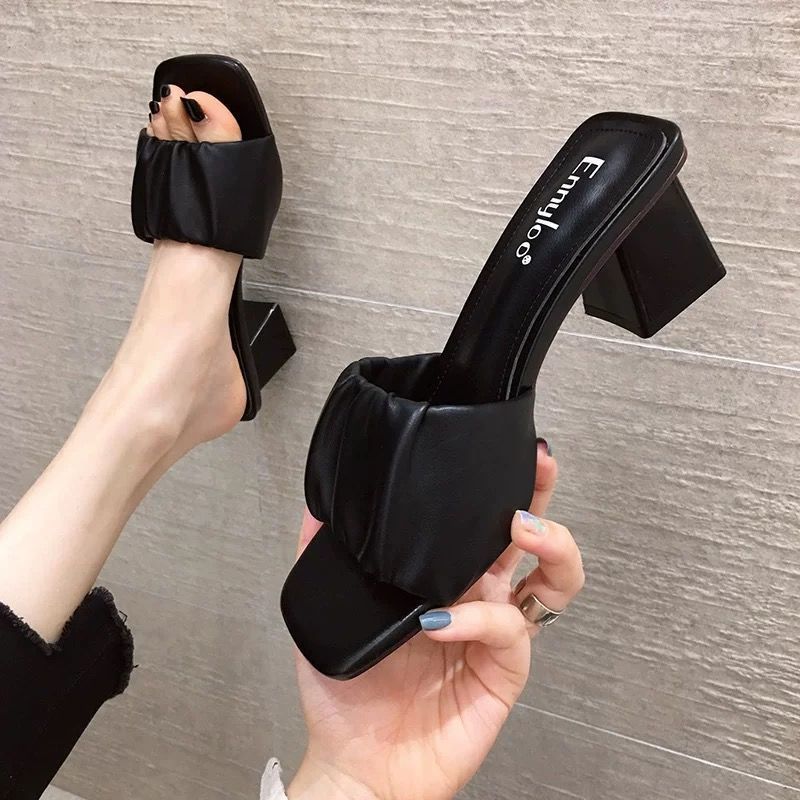 High heel slippers women's outdoor wear summer new fashionable chunky heel half slippers go out Internet-famous slippers