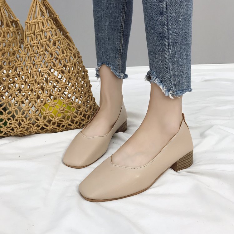 Low cut new granny shoes Korean style soft leather shoes women's square toe chunky heel Korean style mid heel retro women's shoes
