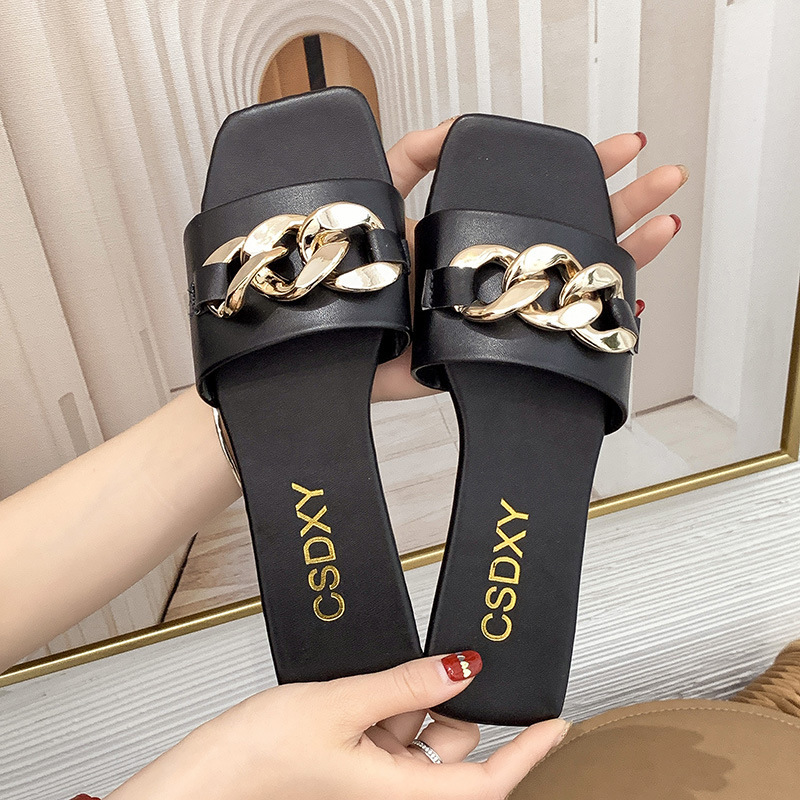 Chain slippers female square toe flat summer factory new outdoor Korean style large size casual sandals 42