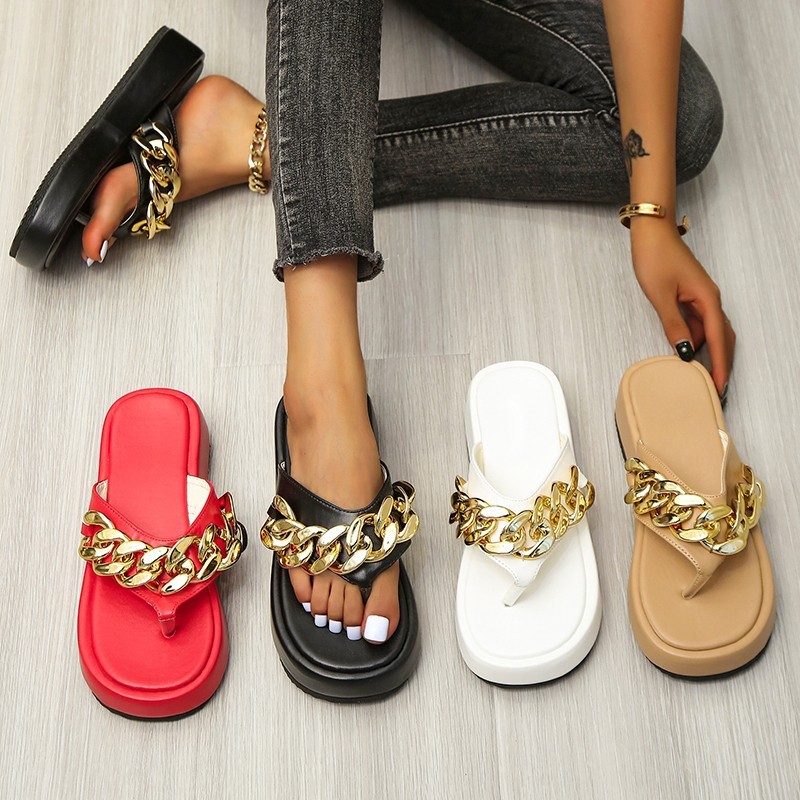 Cross-border new arrival plus size summer Amazon fashion platform round toe flip-flops chain sandals for women