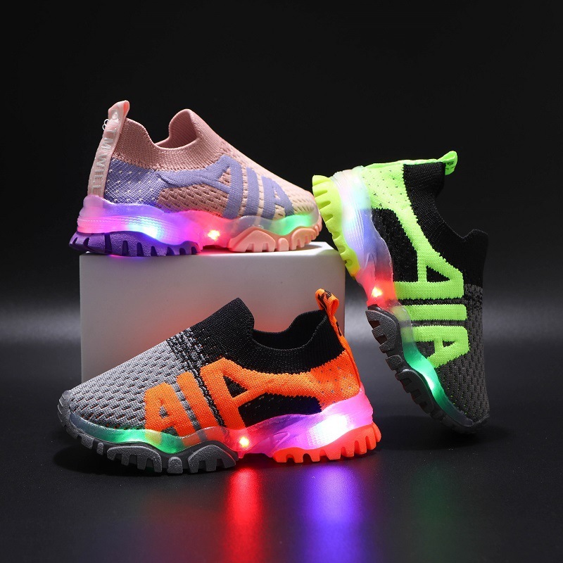Spring and Summer letters light shoes color fly woven mesh breathable children's casual shoes sneakers LED shoes