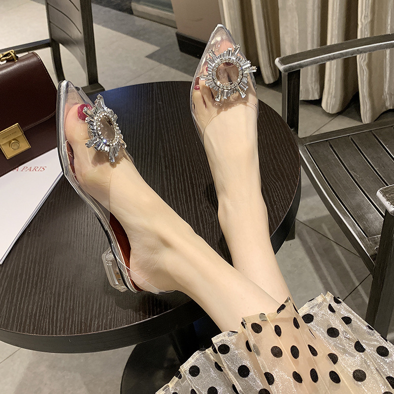 Spring and summer New pointed toe strap SUNFLOWER high heels transparent crystal shoes chunky heel wine glass heel sandals for women