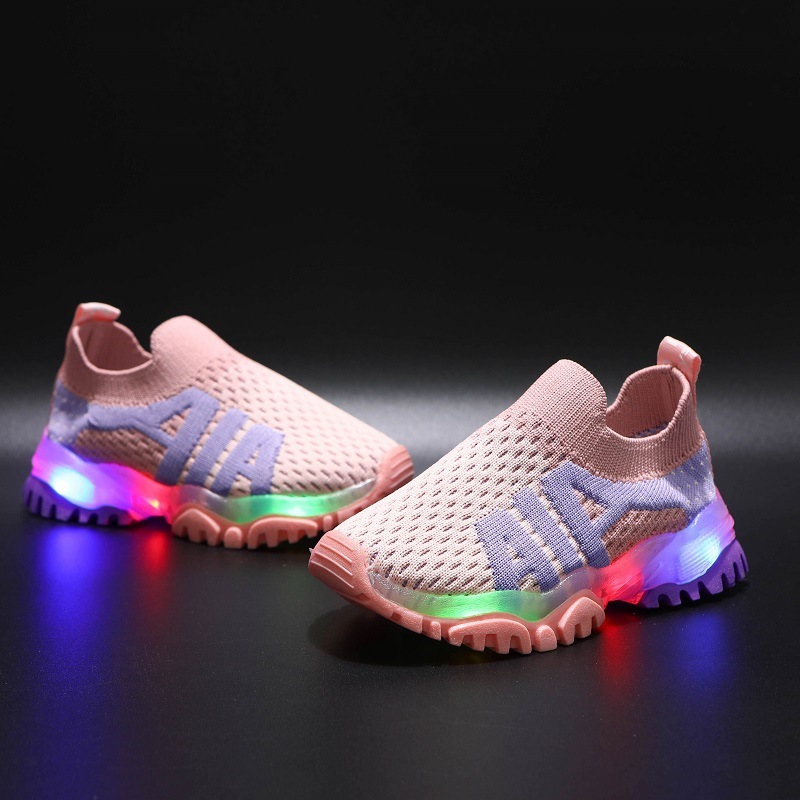 Spring and Summer letters light shoes color fly woven mesh breathable children's casual shoes sneakers LED shoes