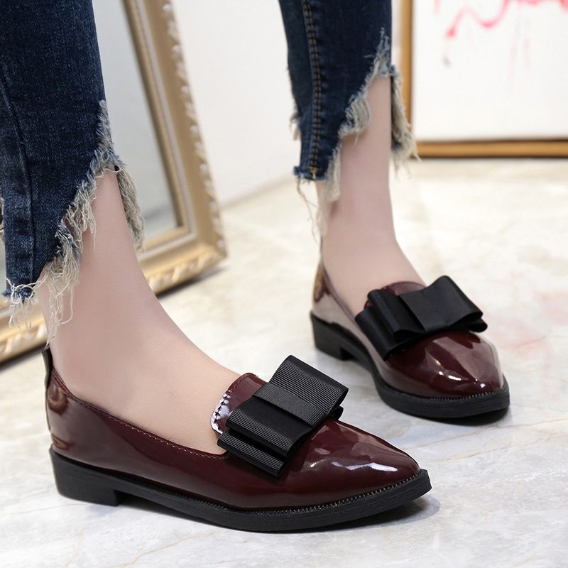Spring Korean style bow pointed casual low-top shoes women's flat low-cut simple slip-on commuter women's shoes