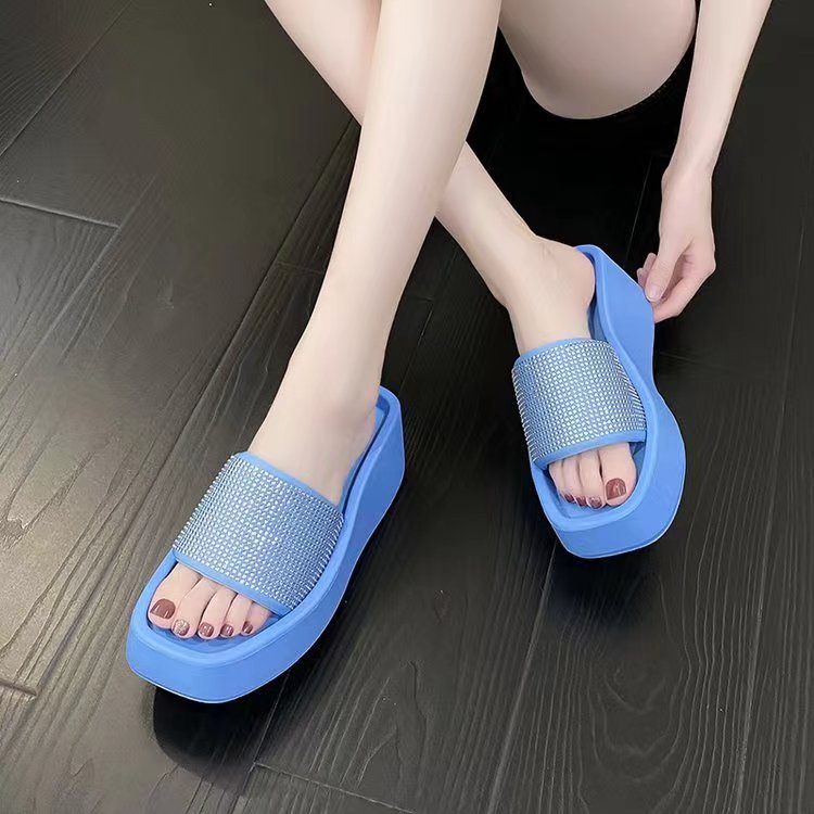 Platform square toe slippers female summer New muffin bottom shit feeling height increasing wedge European and American leisure sandals