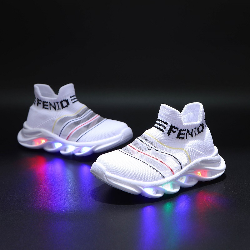 LED children's shoes new fishing line casual sports shoes boys and girls flying woven letters 1-6 years old light shoes light up shoes