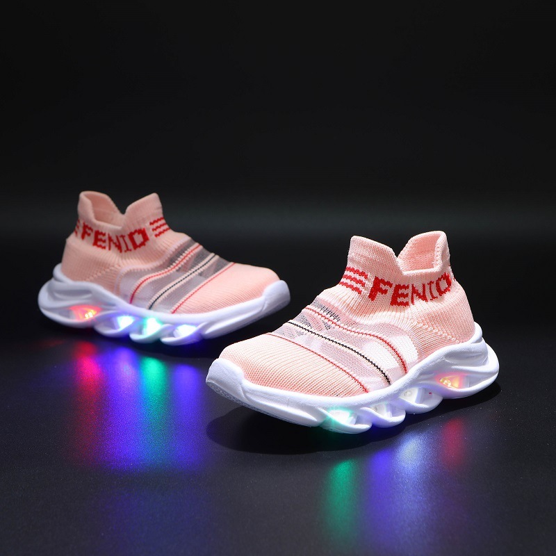 LED children's shoes new fishing line casual sports shoes boys and girls flying woven letters 1-6 years old light shoes light up shoes