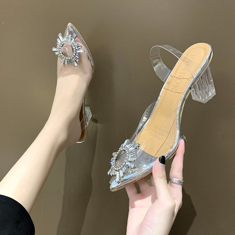 Spring and summer New pointed toe strap SUNFLOWER high heels transparent crystal shoes chunky heel wine glass heel sandals for women