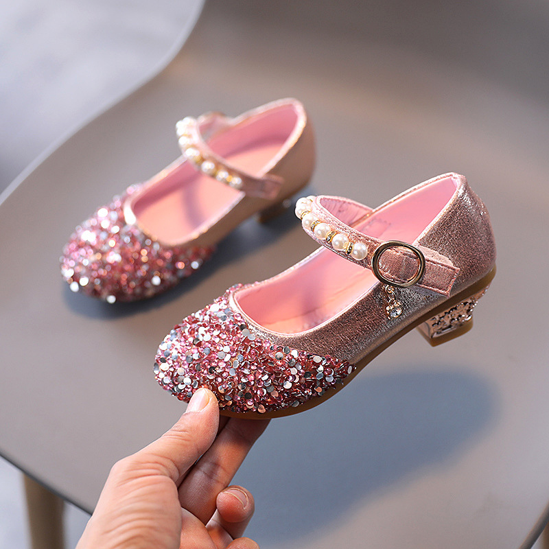 Girls' Leather shoes high heel little girl performance Crystal pumps dress model catwalk show Princess children's shoes