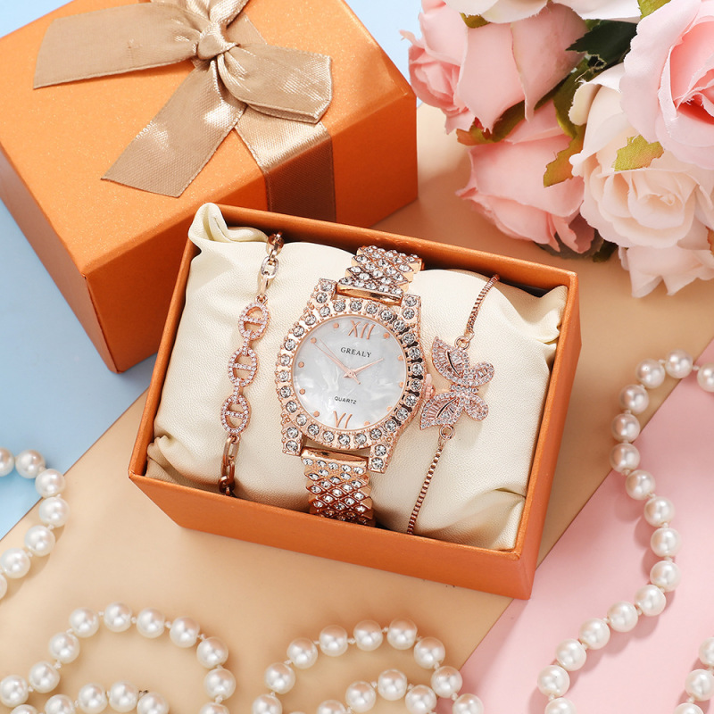 Factory Direct Sales diamond quartz watch and all-match diamond butterfly zircon bracelet rhinestone-encrusted chain bracelet 3-piece set
