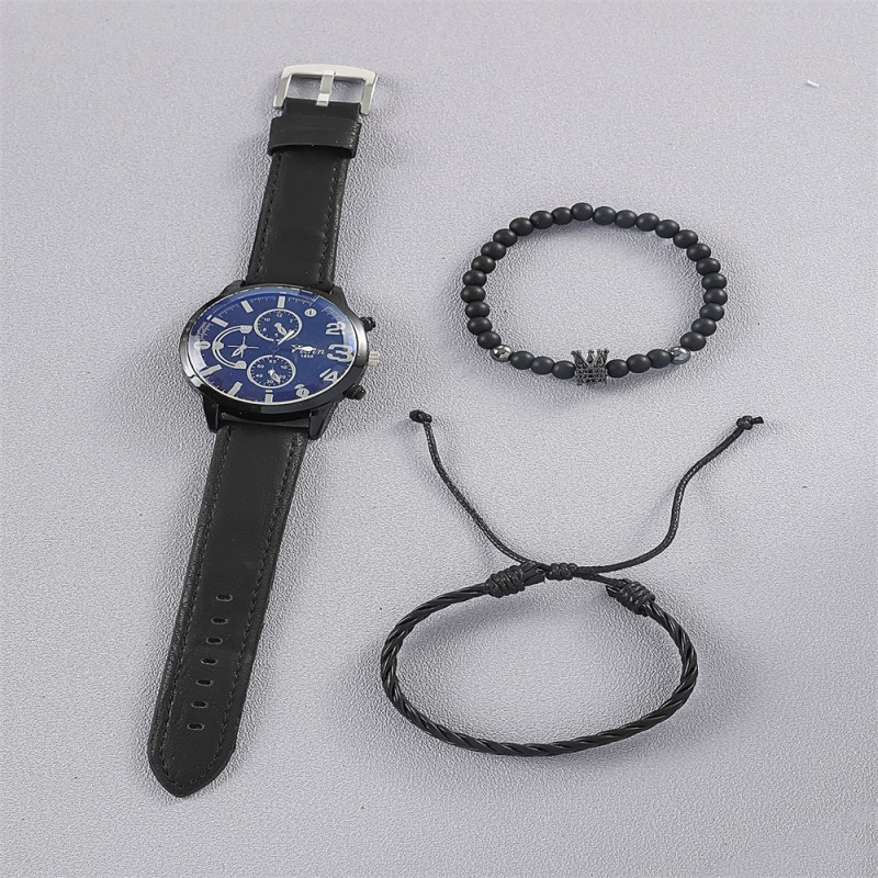 Men's Watch fashion fake Three-eye quartz watch crown beaded bracelet twist weave bracelet 3-piece set