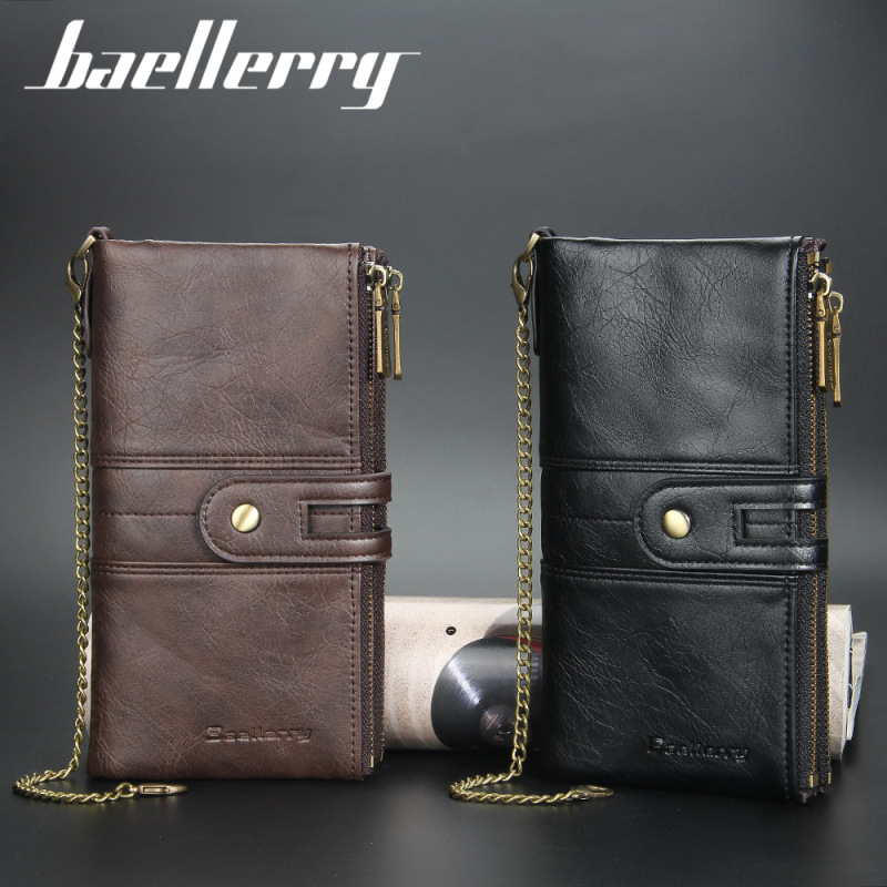 baellerry new men's long wallet anti-theft carrying strap double zipper coin purse multiple card slots wallet wallet