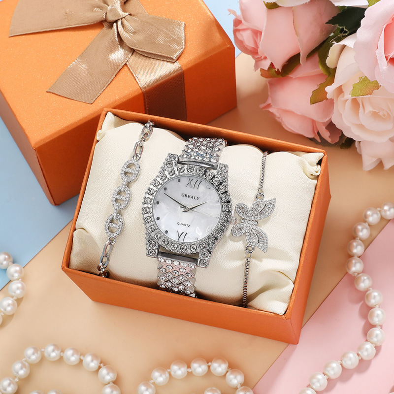 Factory Direct Sales diamond quartz watch and all-match diamond butterfly zircon bracelet rhinestone-encrusted chain bracelet 3-piece set