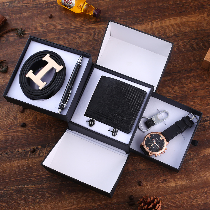 6pcs/set boutique gift set Belt wallet cufflinks keychain large dial quartz watch pen