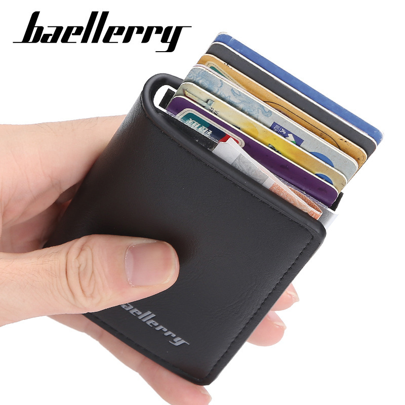 baellerry cross-border hot selling automatic elastic metal aluminum case RFID anti-magnetic anti-theft card swiping bag spot pu wallet